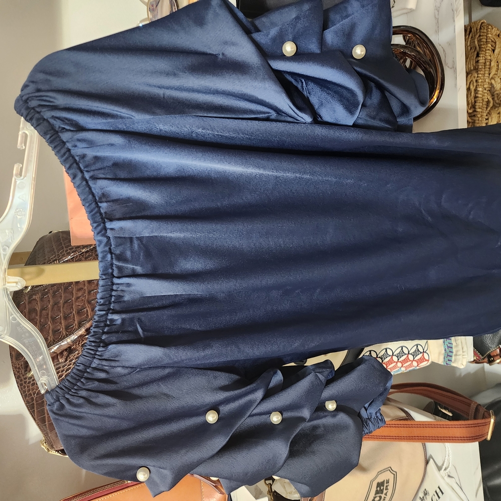 Elegant Navy Blouse with Pearl Accents